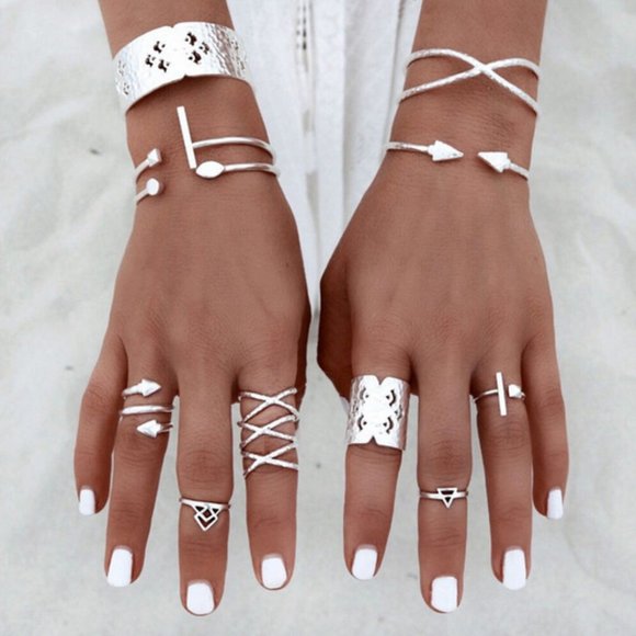 🍒 EIGHT Bohemian Silver Ring Set - Picture 2 of 4